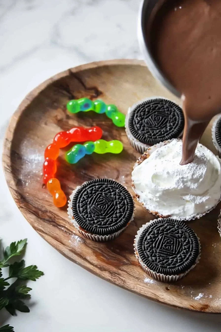 Delicious Cookies and Cream Dirt Cake Cups dessert with chocolate cookies and cream layers
