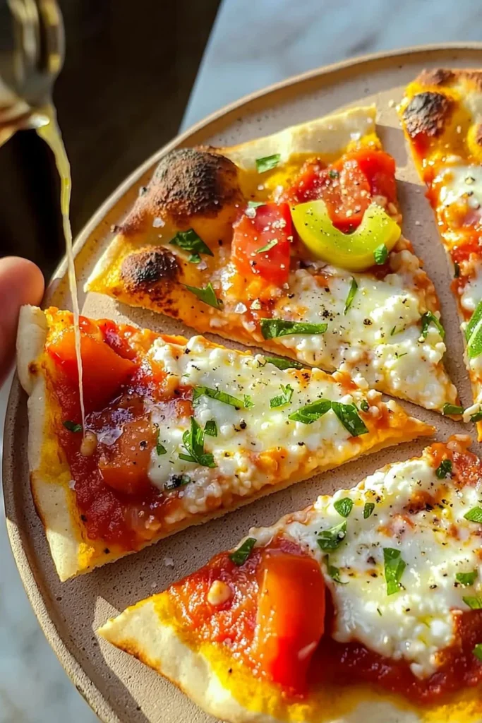 Delicious cottage cheese pizza flatbread topped with fresh ingredients