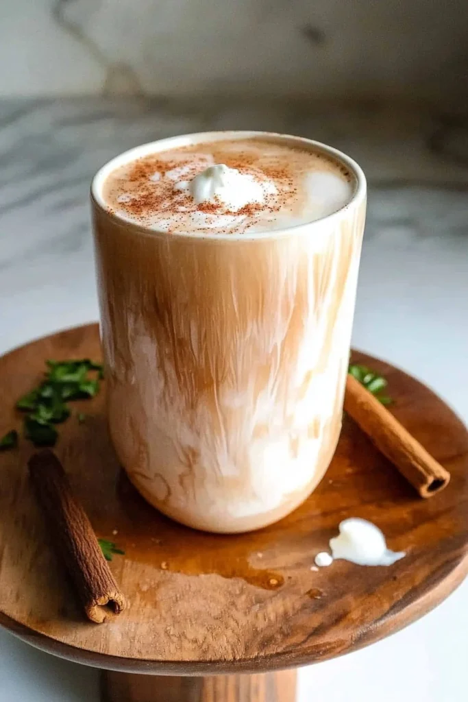 A cozy vanilla cinnamon latte topped with frothy milk and cinnamon sticks