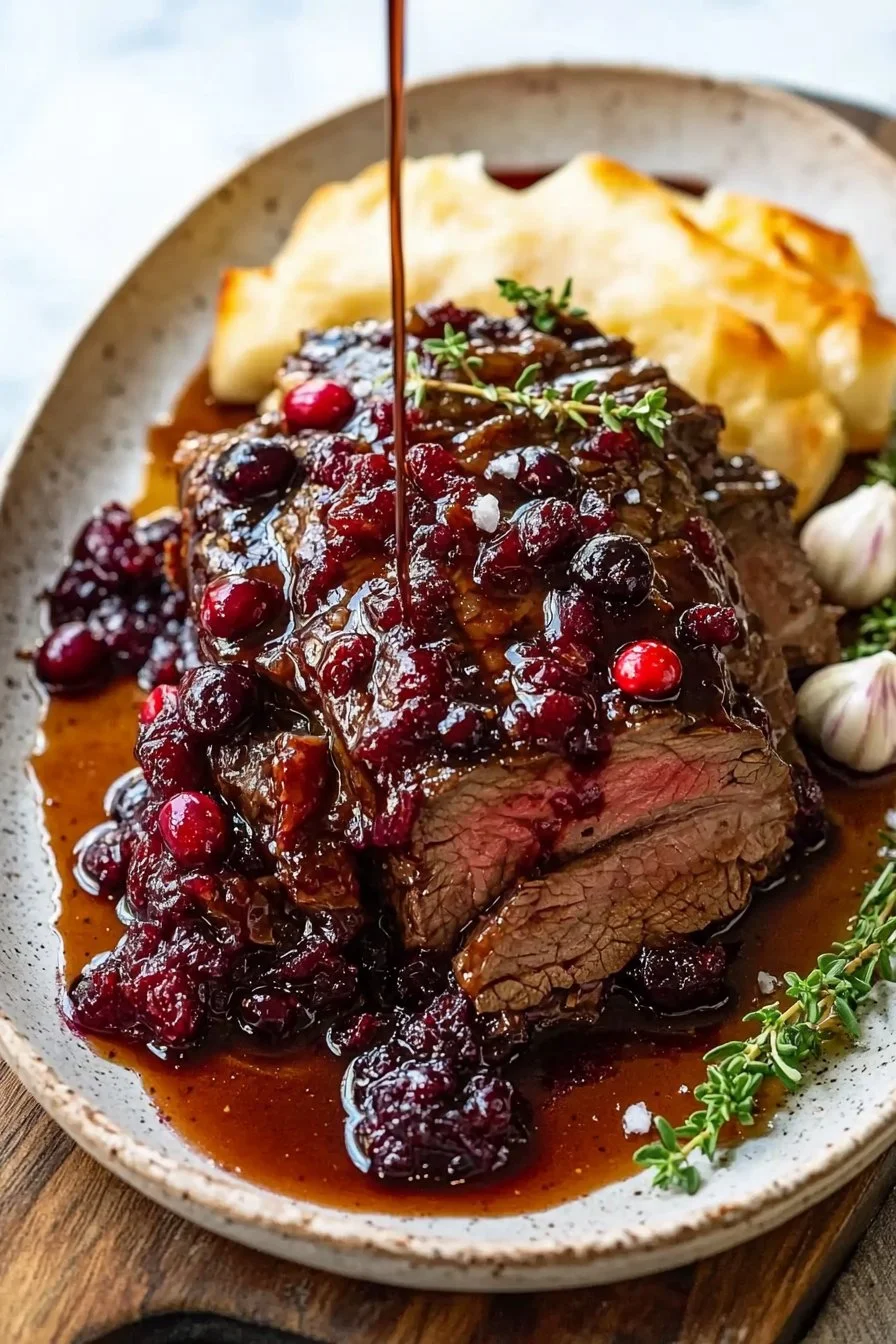 Cranberry Balsamic Roast Beef served with fresh herbs and sides