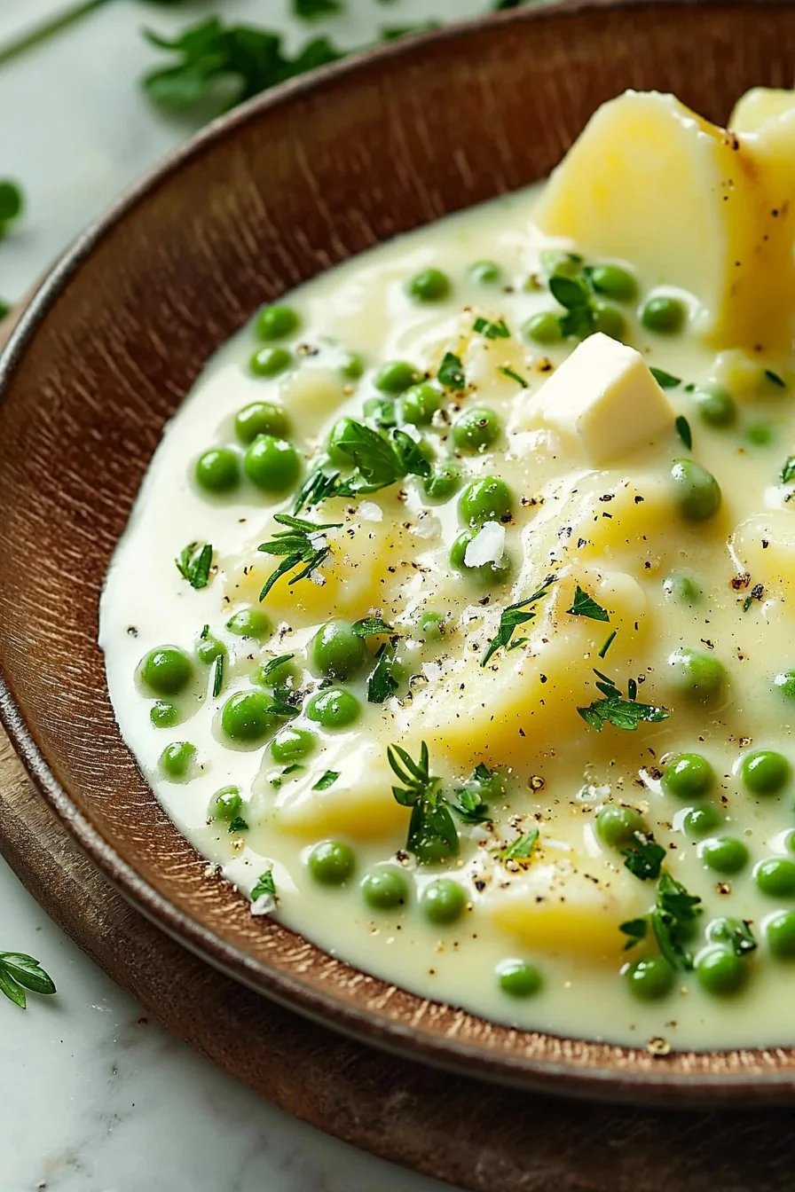 Creamed peas served with potatoes in a bowl, a comforting side dish.