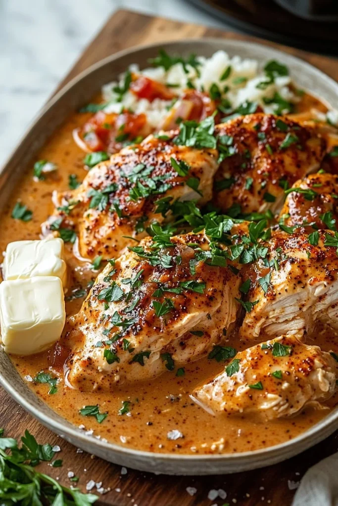 Delicious Creamy Crockpot Cajun Butter Chicken served with rice and herbs.