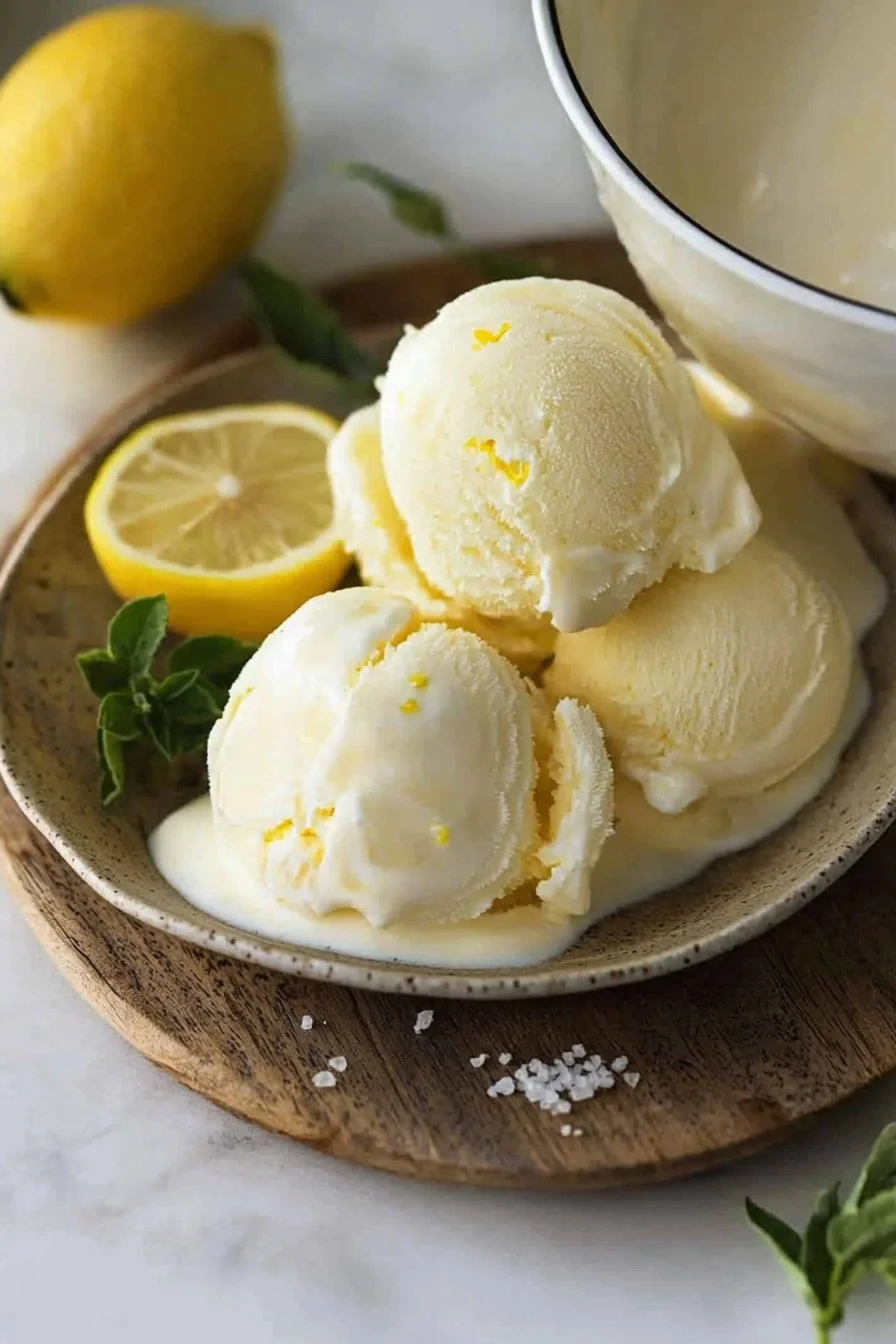 Bowl of creamy lemon ice cream topped with zest and mint leaves