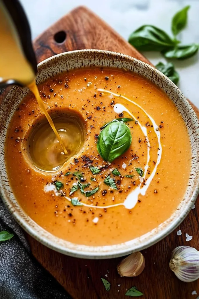 Bowl of creamy roasted garlic tomato soup garnished with herbs and croutons