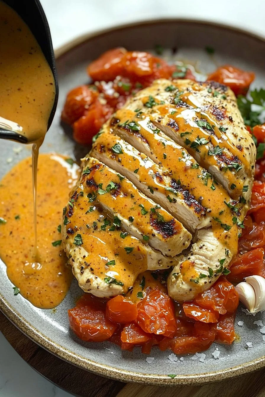 Creamy tomato chicken breast served on a plate garnished with fresh herbs.