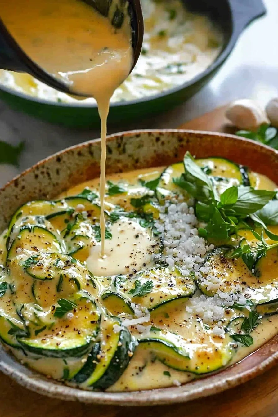 Delicious creamy zucchini sauce served over pasta