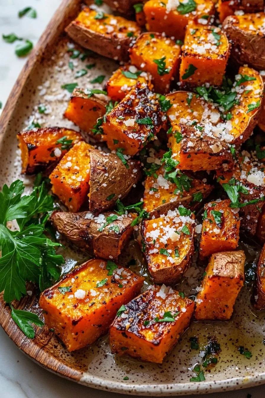 Crispy Garlic Parmesan Roasted Sweet Potatoes