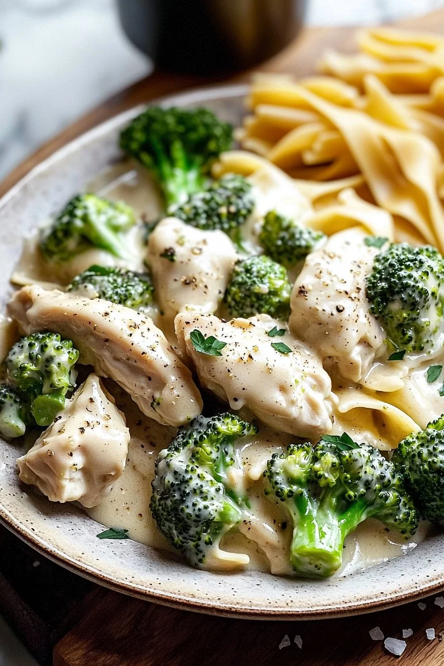 Crockpot Chicken Broccoli Alfredo served in a bowl with fresh ingredients.