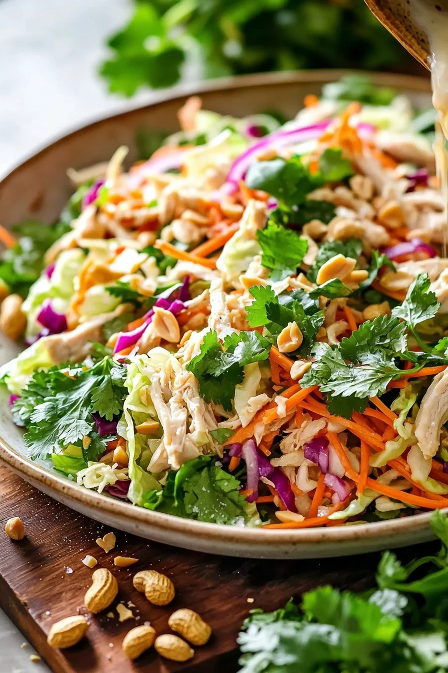 Bowl of crunchy Vietnamese chicken salad with fresh vegetables and herbs