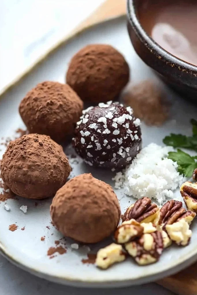 A selection of delicious chocolate truffles arranged beautifully on a platter.