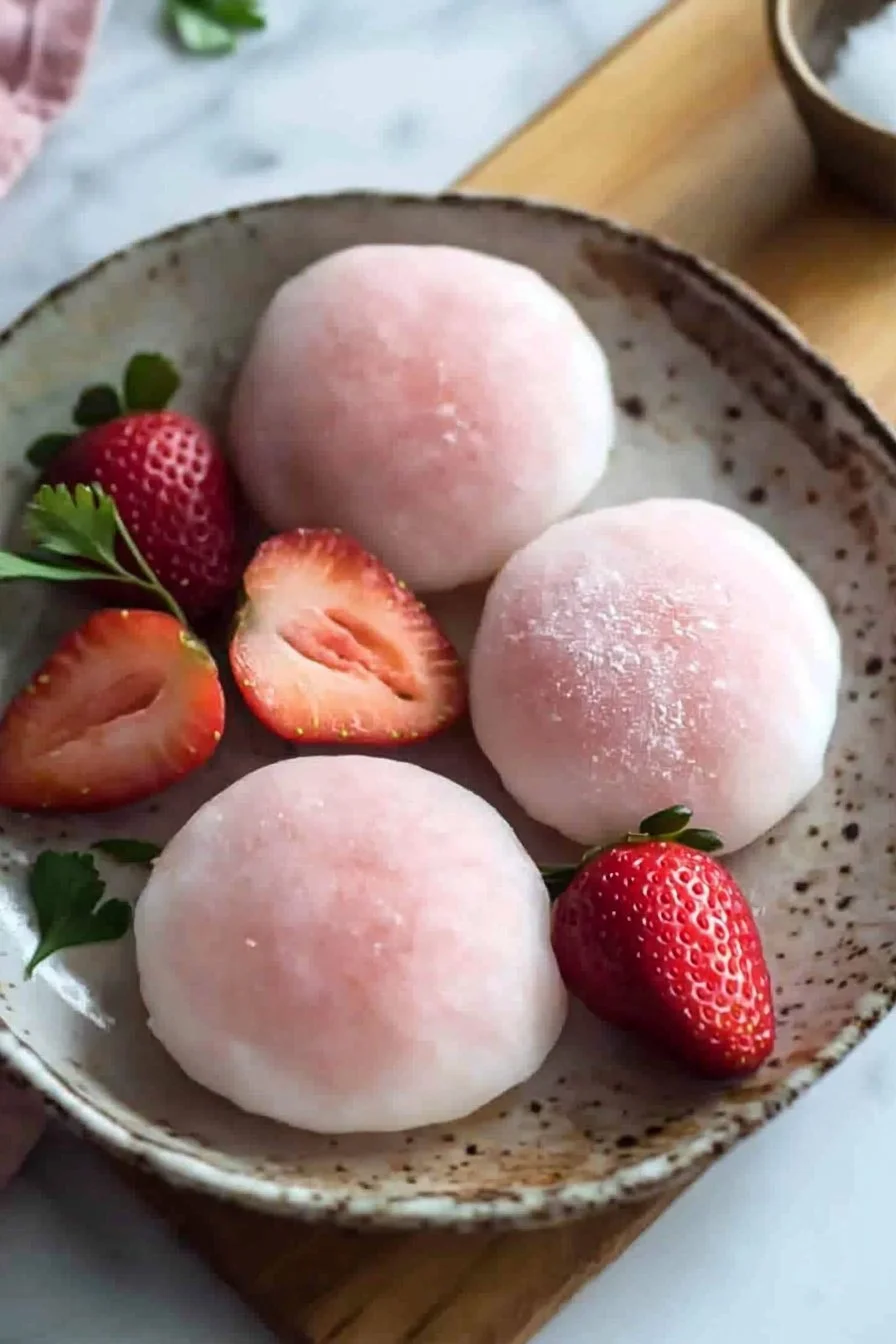 Delicious strawberry mochi dessert with soft rice dough and strawberries