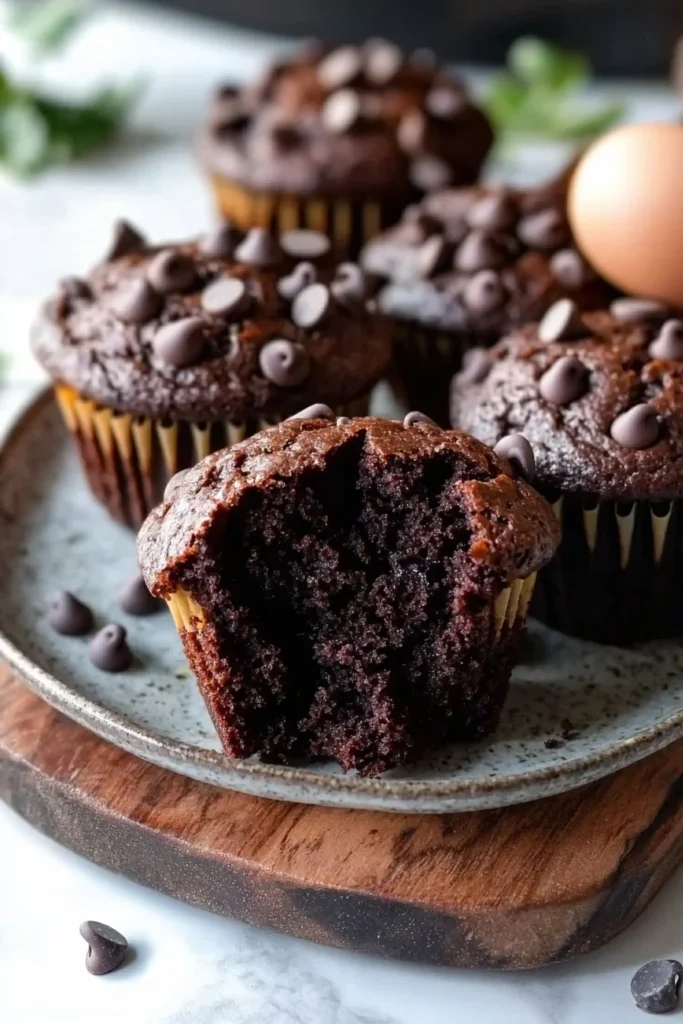 Delicious double chocolate muffins topped with chocolate chips on a wooden table.
