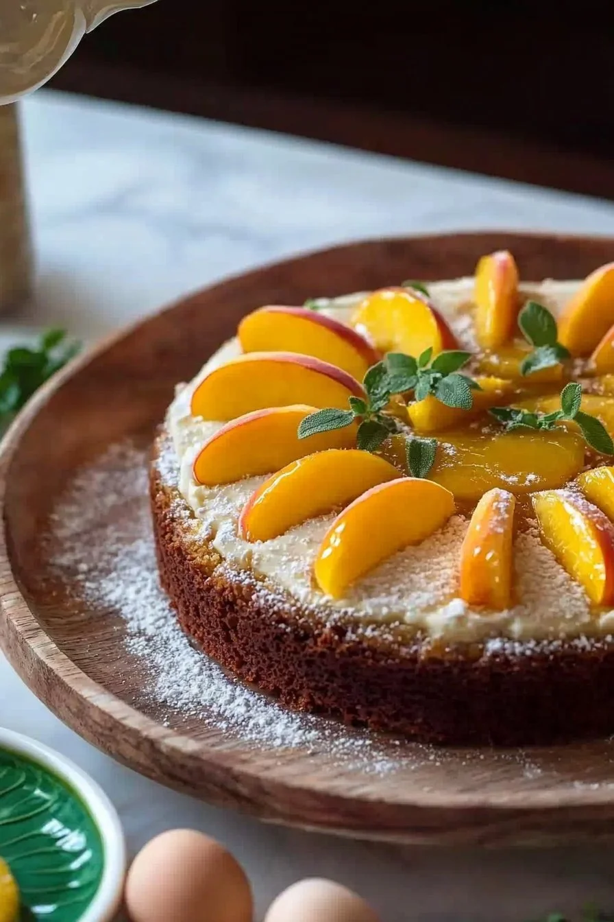 Earl Grey Peach Cake with slices showcasing the unique flavors of tea and peach