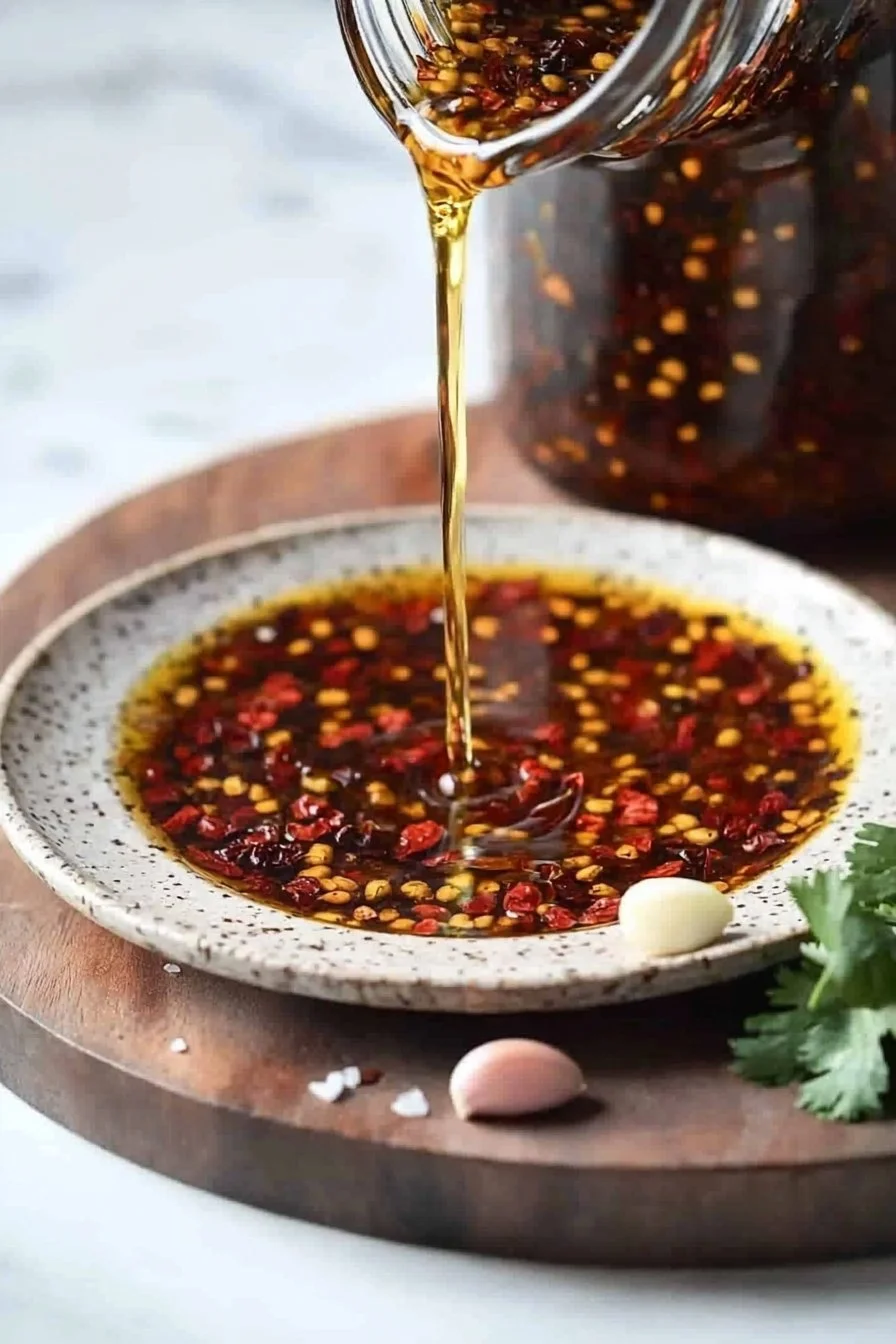 Homemade easy aromatic Chinese chili oil in a jar with spices