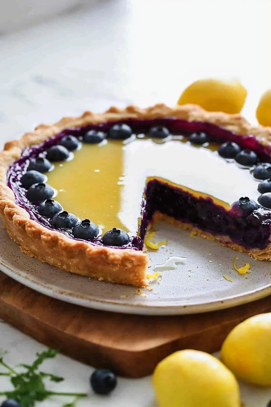 Slice of easy blueberry lemon tart with fresh blueberries and lemon zest