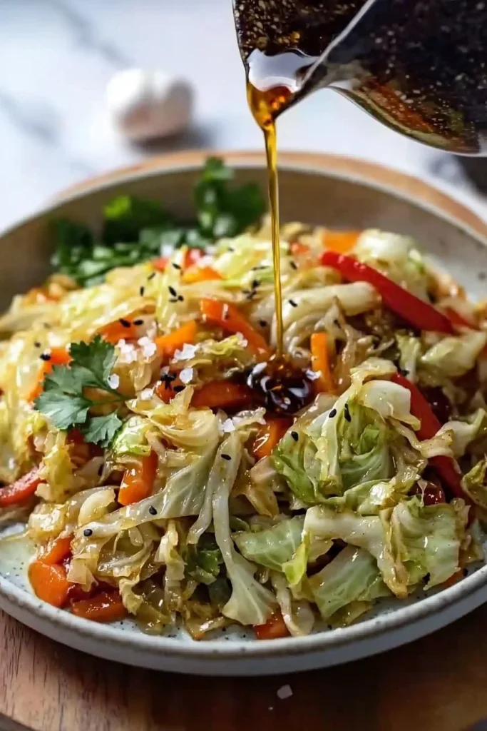 A colorful and healthy easy cabbage stir fry with vegetables in a pan.