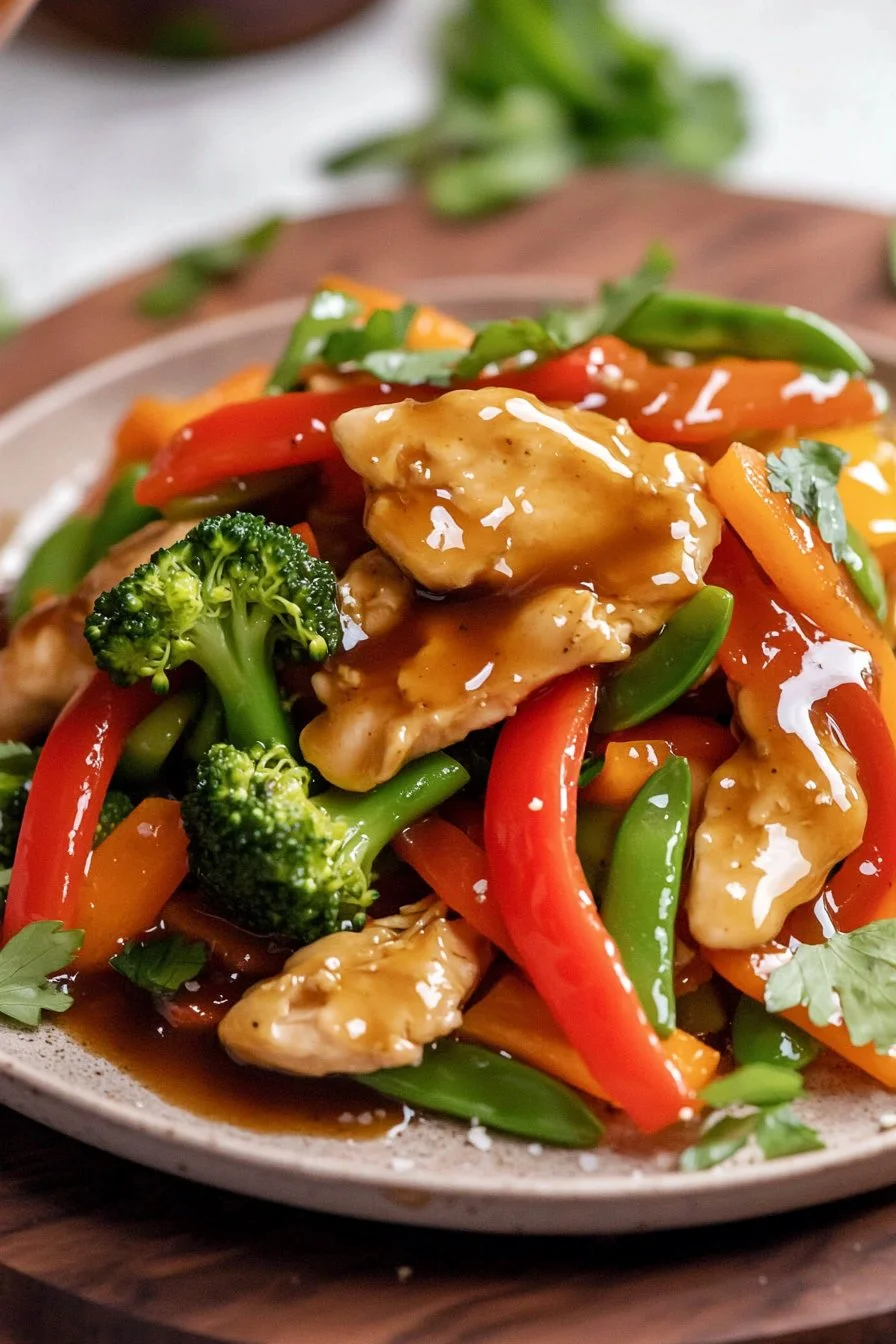 Easy chicken stir fry with colorful vegetables in a pan