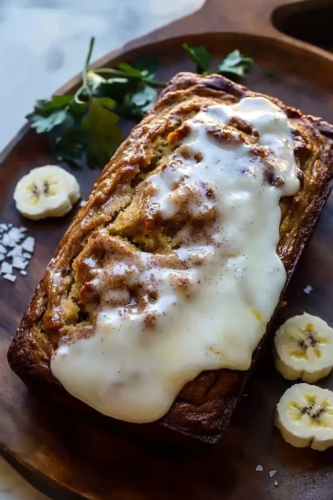 Sliced easy cinnamon roll banana bread with a cinnamon glaze topping.