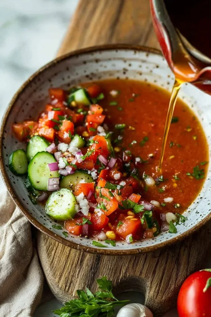Bowl of easy classic gazpacho served with fresh vegetables on the side