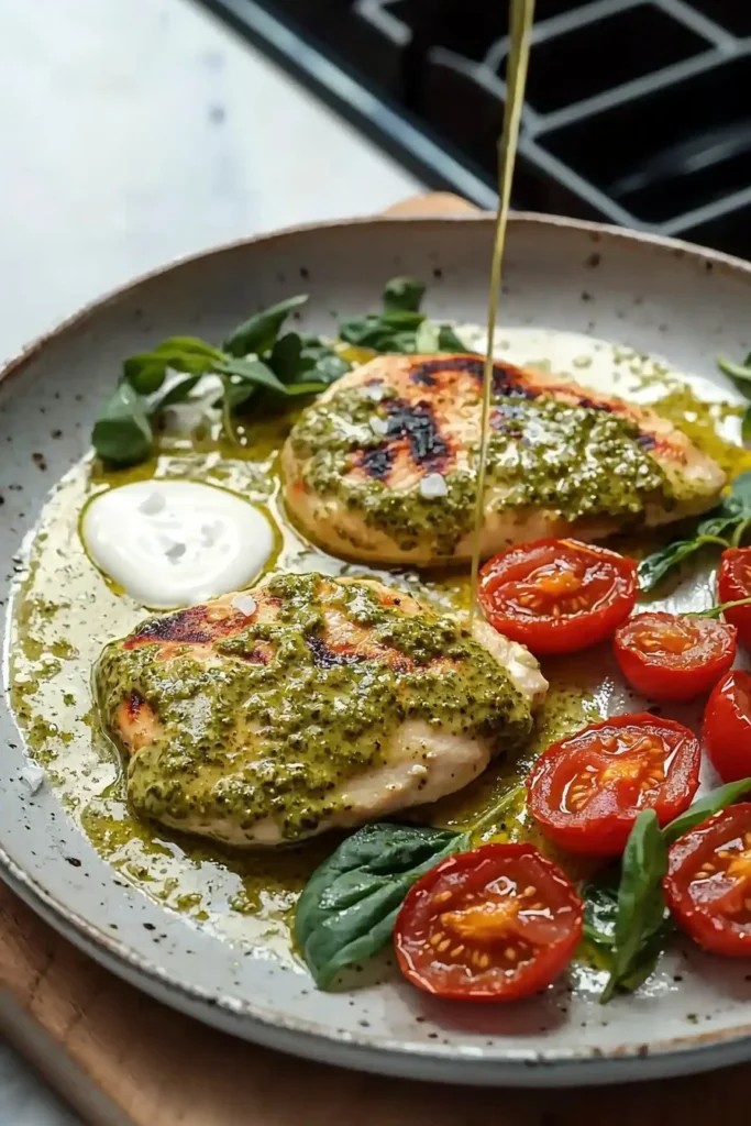 Creamy pesto chicken dish garnished with fresh basil and served on a white plate.