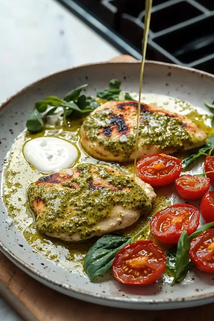 Creamy pesto chicken dish garnished with fresh basil and served on a white plate.