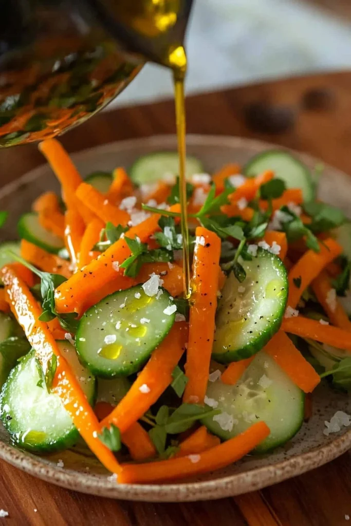 Fresh cucumber carrot salad with dressing and herbs