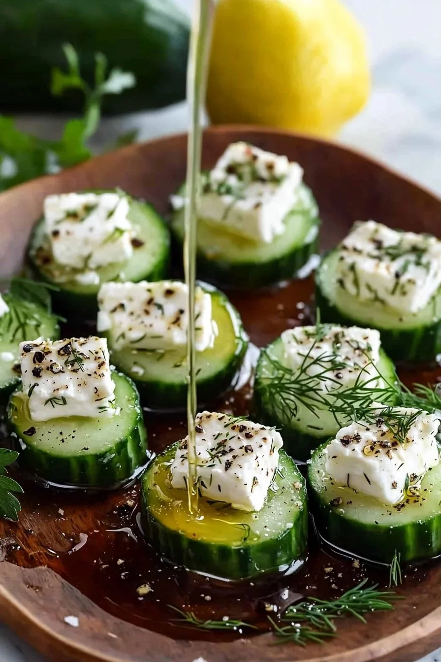 Easy feta cucumber bites appetizer ready to serve on a platter