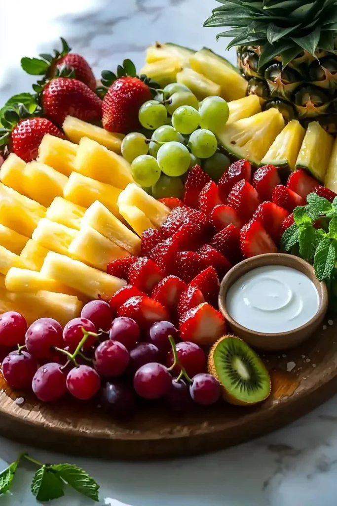 Colorful and fresh easy fruit platter with assorted fruits for a healthy snack