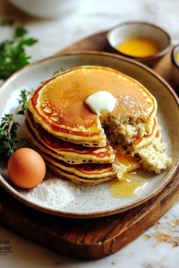 Plate of easy gluten-free pancakes topped with fresh berries and syrup