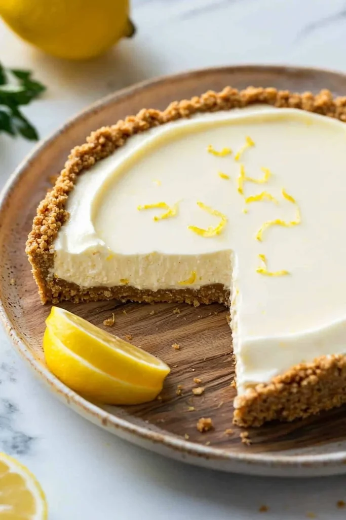 Easy No Bake Lemon Cheesecake topped with fresh lemon slices and whipped cream
