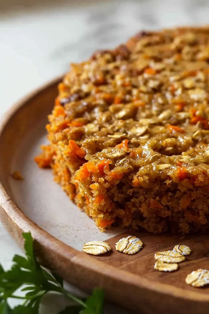 Slice of easy oatmeal carrot cake topped with cream cheese frosting