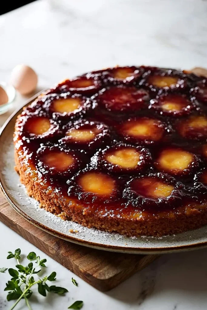 Delicious easy one-bowl upside-down cake garnished with fresh fruit.