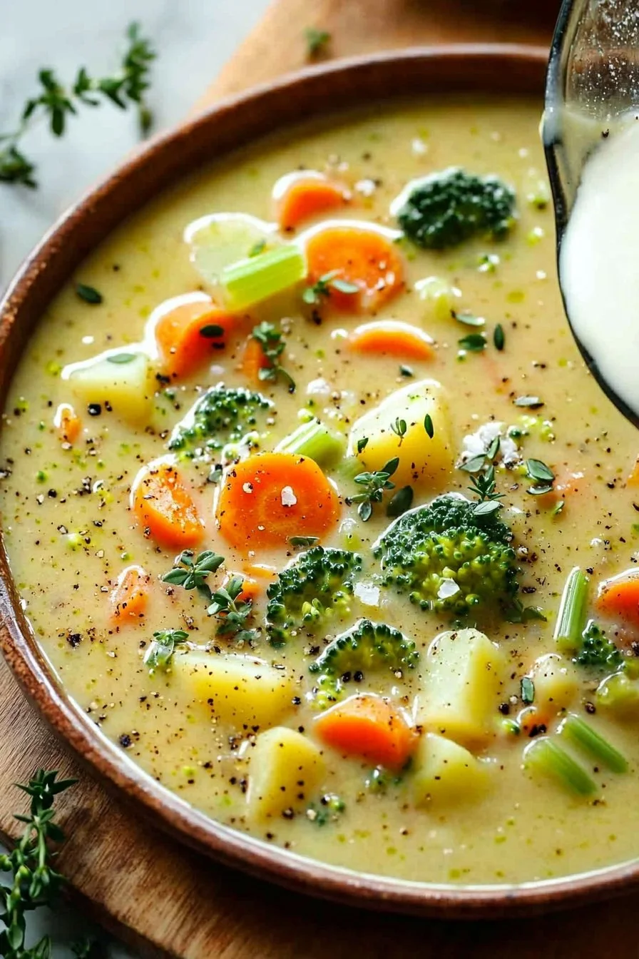 Bowl of easy one-pot creamy vegetable soup garnished with fresh herbs