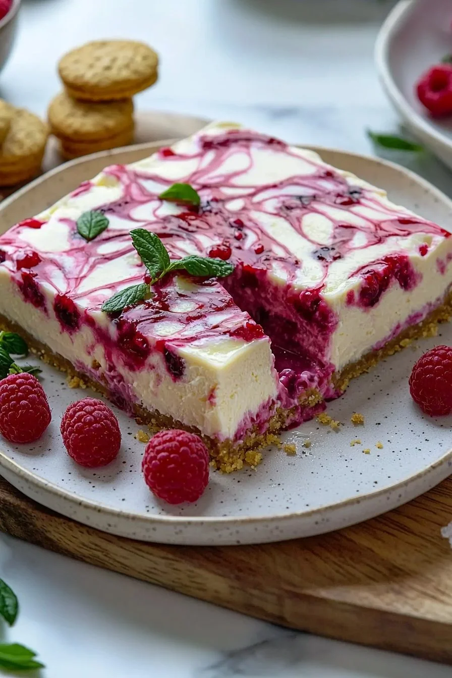 No bake easy raspberry cheesecake topped with fresh raspberries
