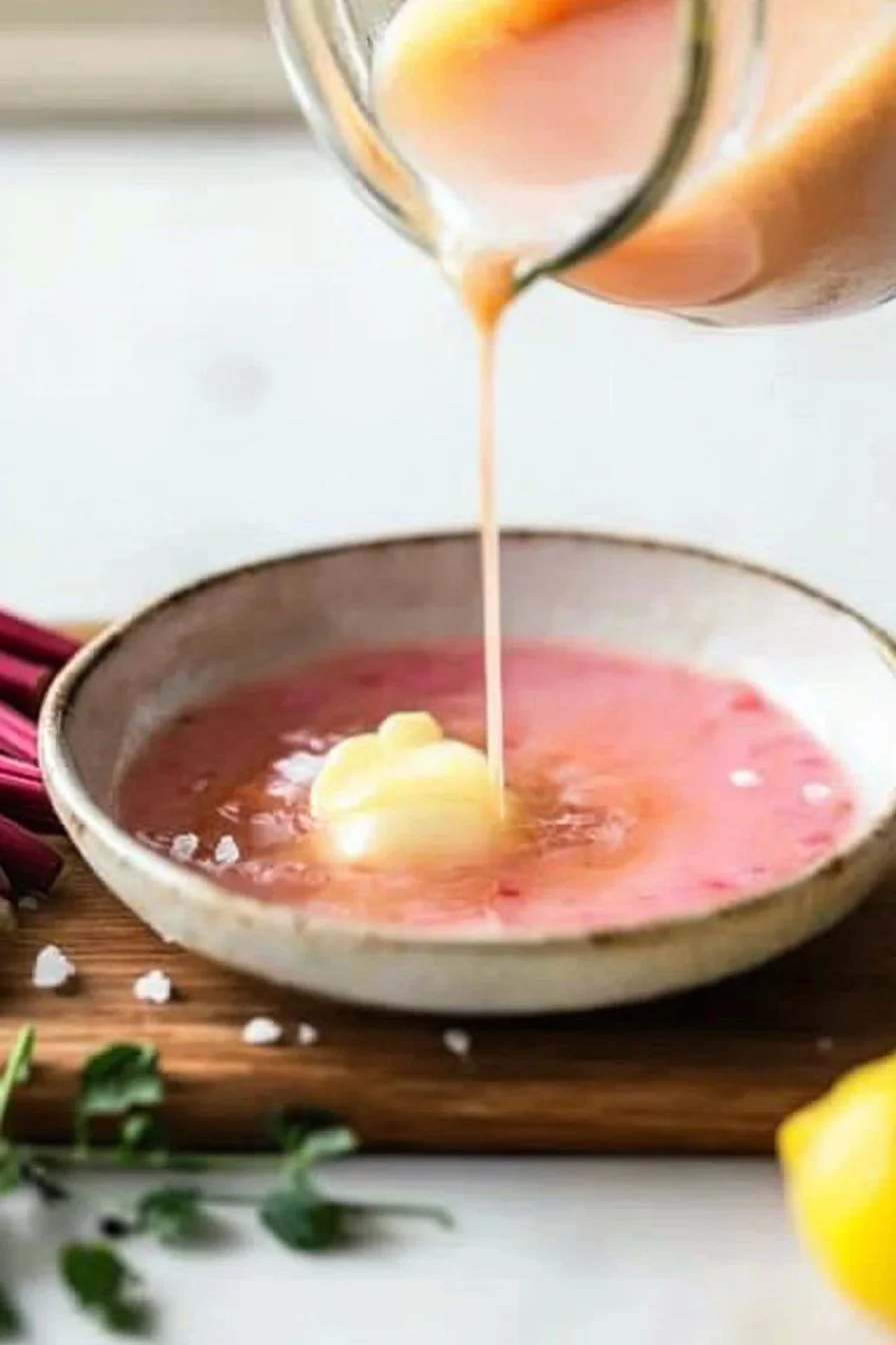 A jar of easy rhubarb curd garnished with fresh rhubarb stalks.