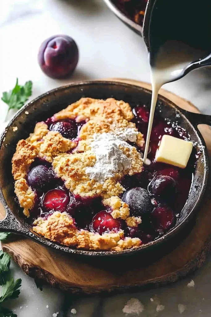 Delicious Easy Skillet Plum Cobbler with fresh plums baked to perfection.