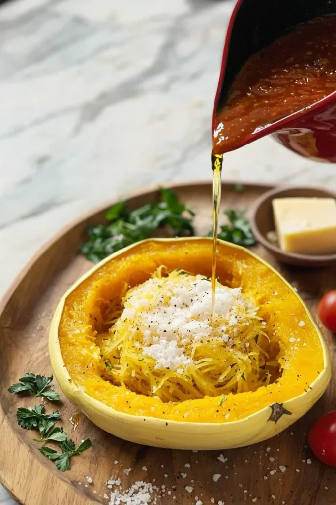 A dish of easy spaghetti squash served with fresh herbs and spices.