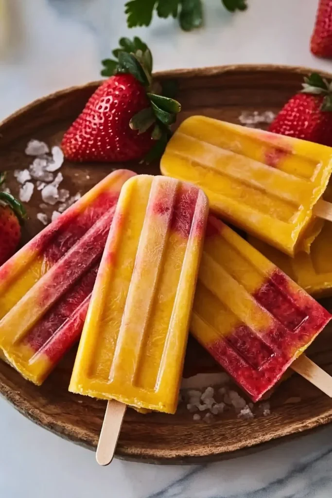 Homemade strawberry mango popsicles served on a wooden table
