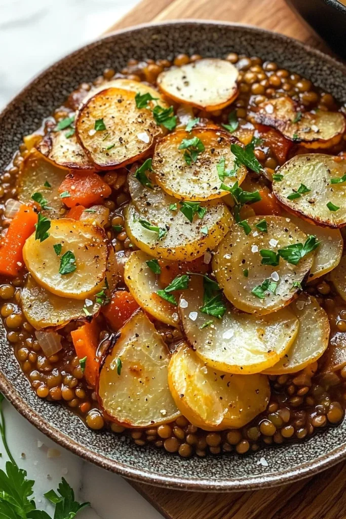 Delicious easy vegan hotpot featuring lentils and fresh vegetables