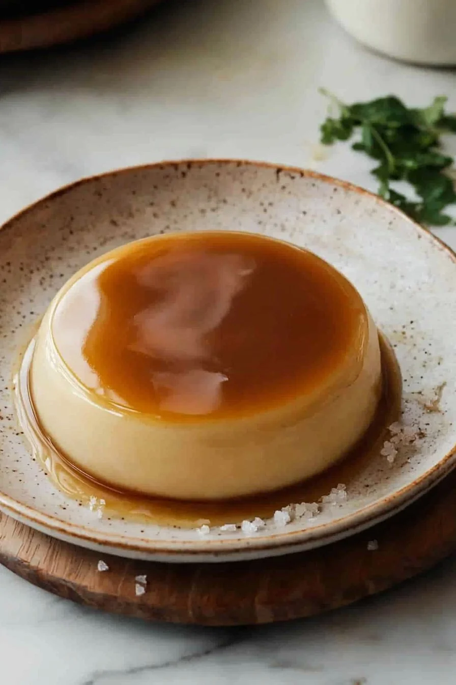 Delicious eggless caramel pudding served in a bowl, topped with caramel sauce.