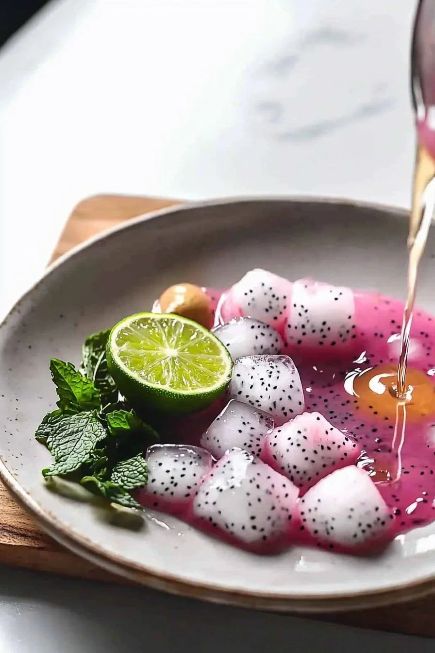 A refreshing dragon fruit mocktail served in a glass with tropical garnishes.