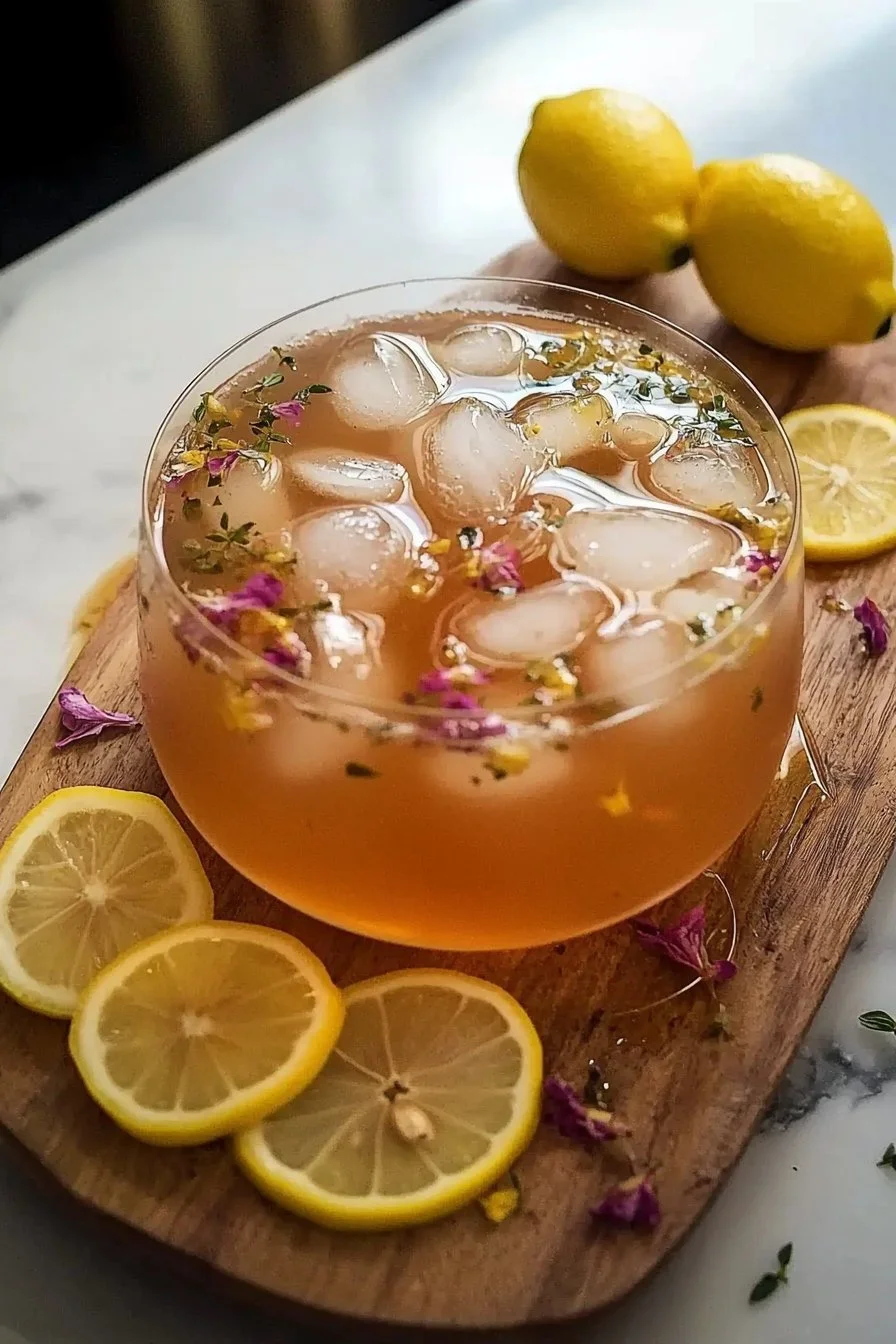 A refreshing glass of flower tea lemonade garnished with lemon slices and flowers.