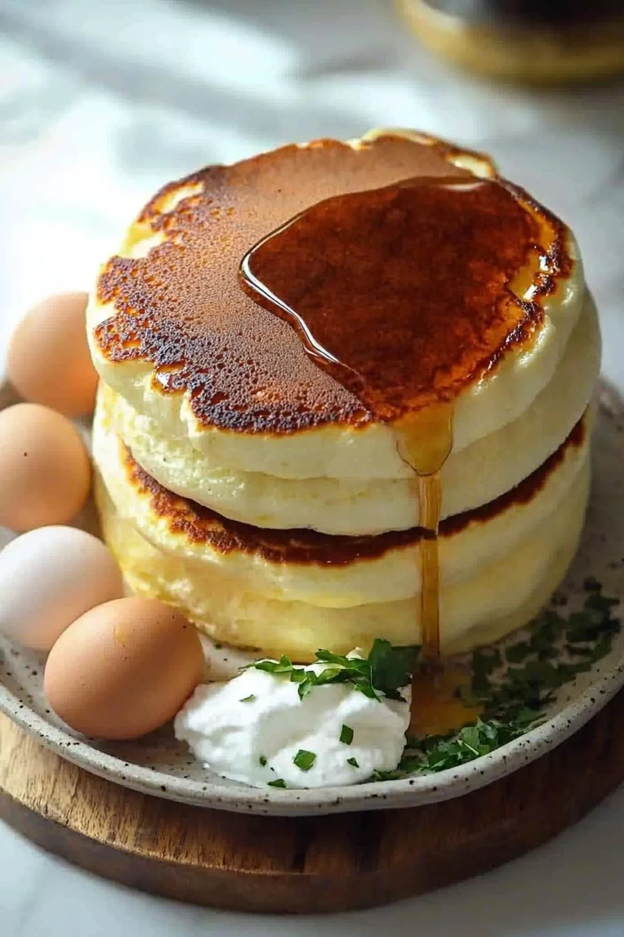 Fluffy Japanese soufflé pancakes stacked on a plate with syrup