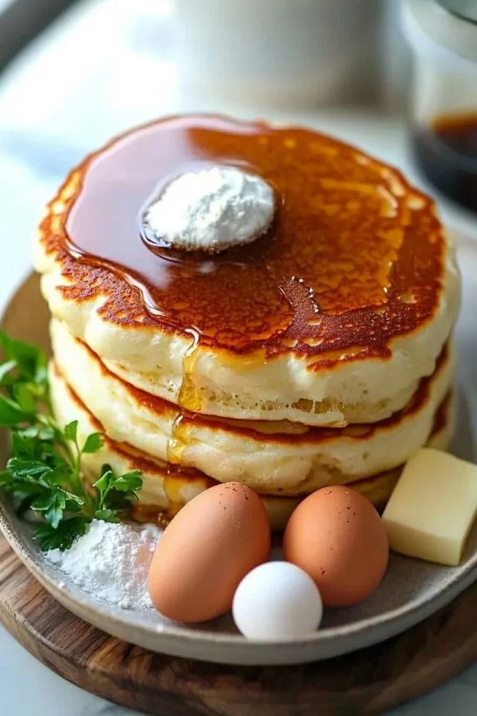 Delicious fluffy Japanese soufflé pancakes stacked on a plate