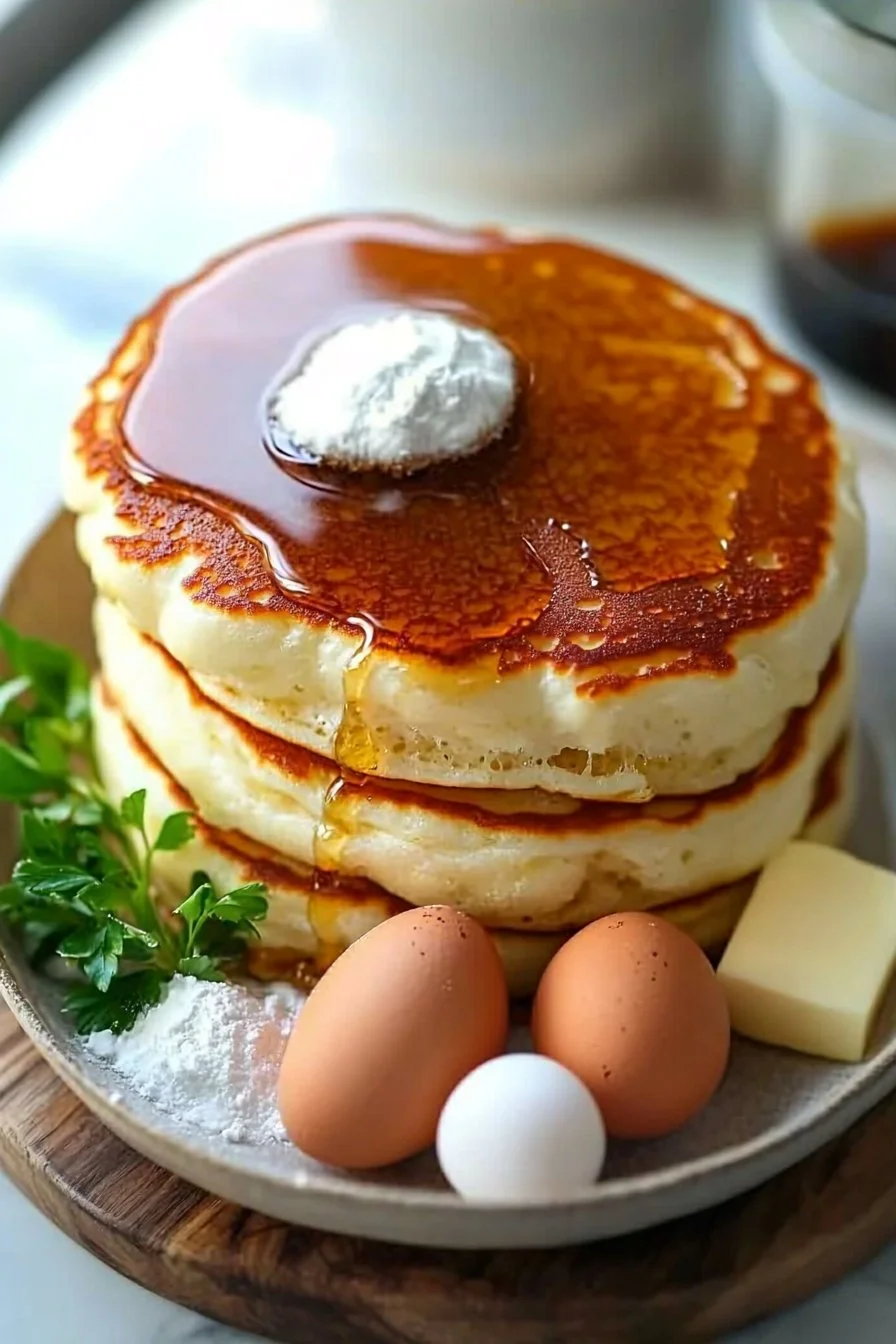Delicious fluffy Japanese soufflé pancakes stacked on a plate