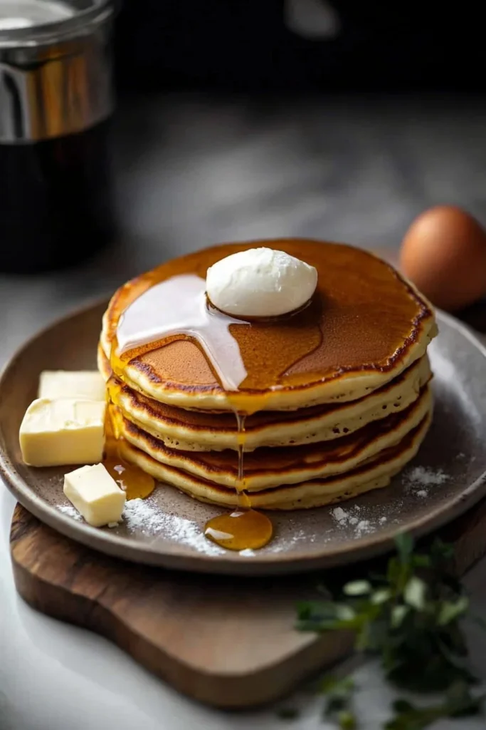 A stack of fluffy pancakes topped with syrup and berries