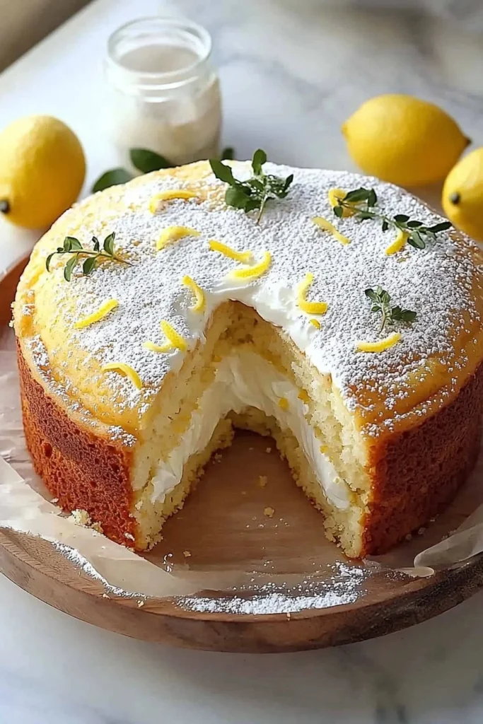 Fresh lemon yogurt cake garnished with a lemon slice and mint leaves.