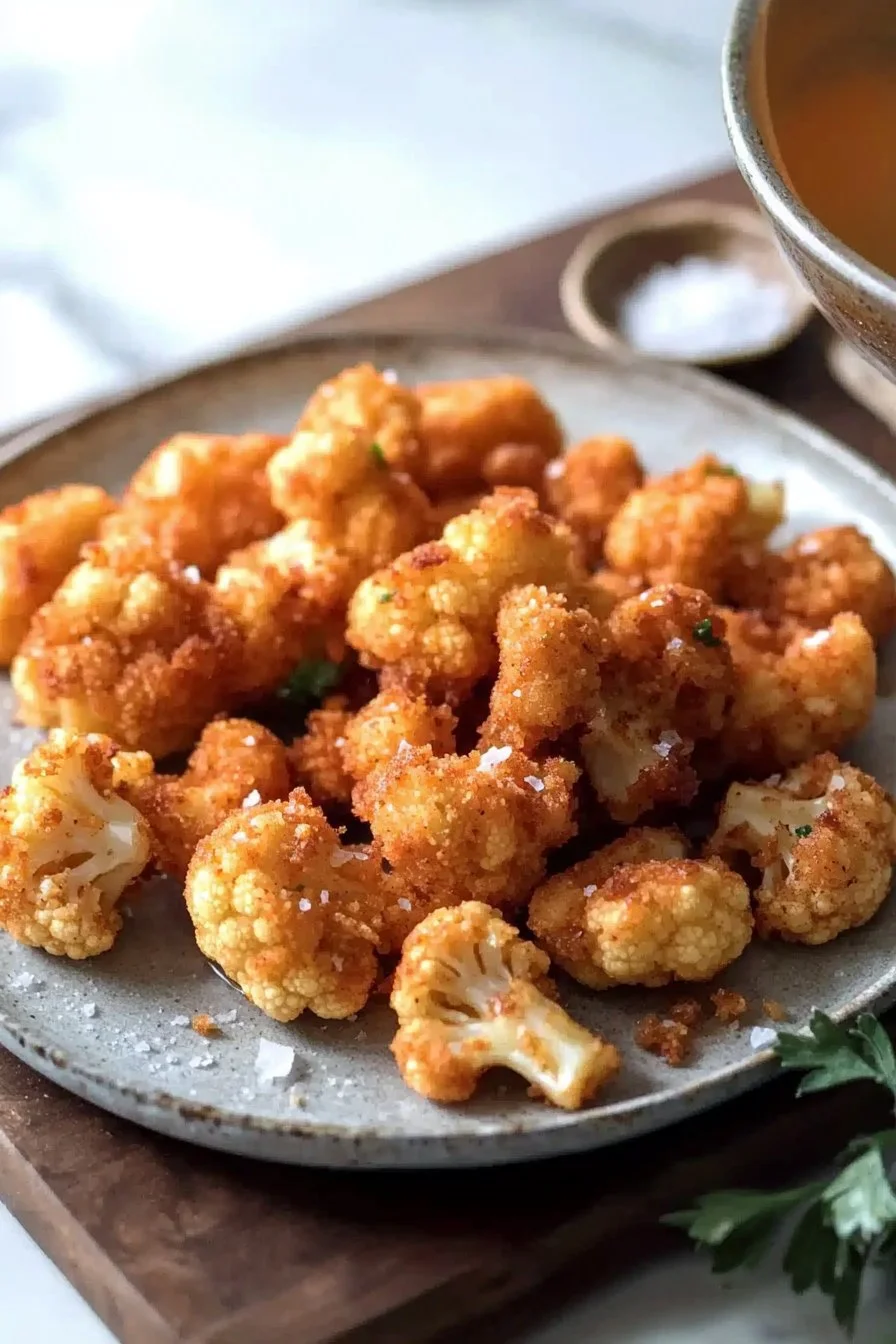 Crispy fried cauliflower served on a plate, garnished and ready to enjoy.