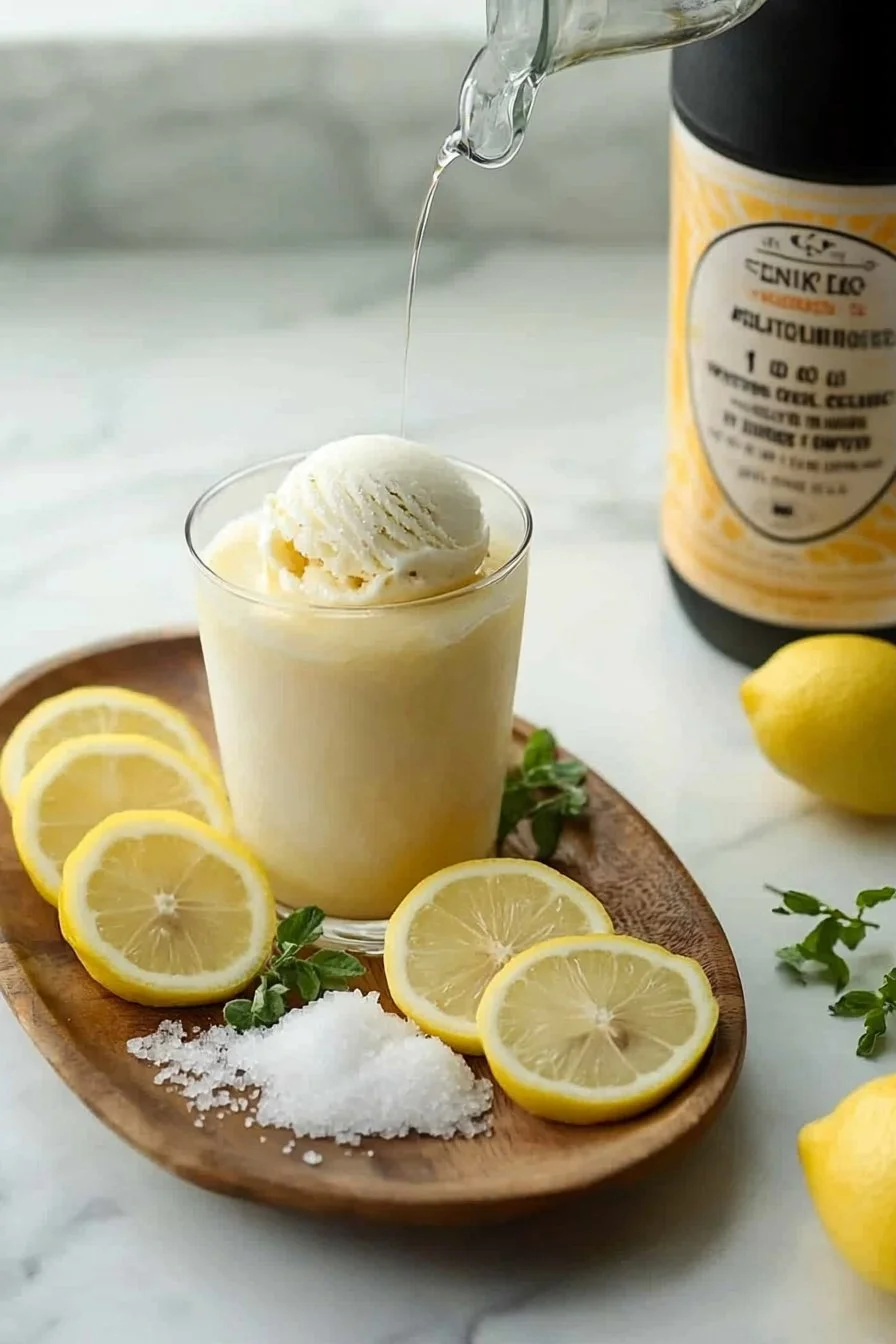 Chilled frosted lemonade in a glass garnished with lemon slices
