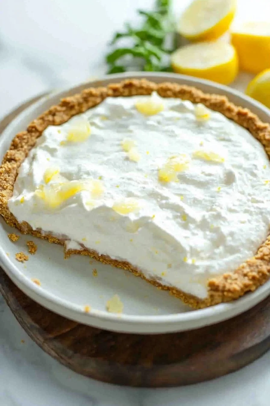 Delicious Frozen Lemonade Pie ready to be served, topped with whipped cream.